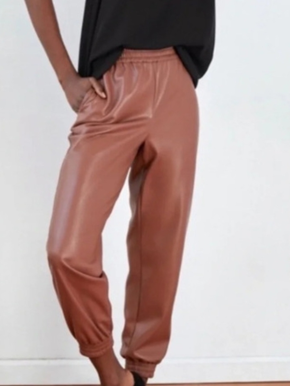 BABATON Faux Leather Jogger Pants in Brown